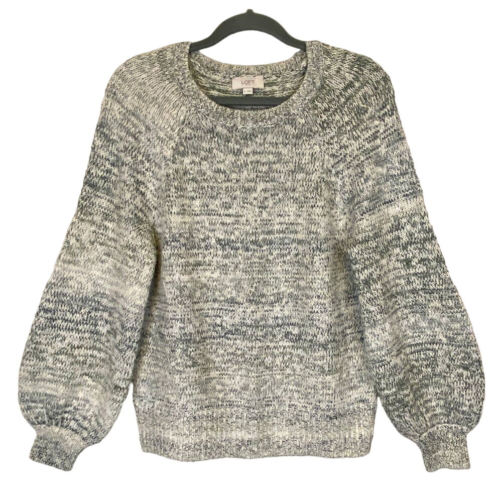 Loft Chunky Knit Sweater Women Sz S Gray/White Marled Balloon Sleeves Ribbed